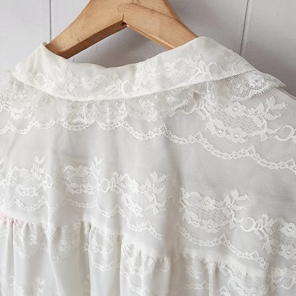 Vintage Odette Barsa Ivory Lace Peignoir Robe 1950s Sheer Blue Ribbon - Picture 13 of 15
